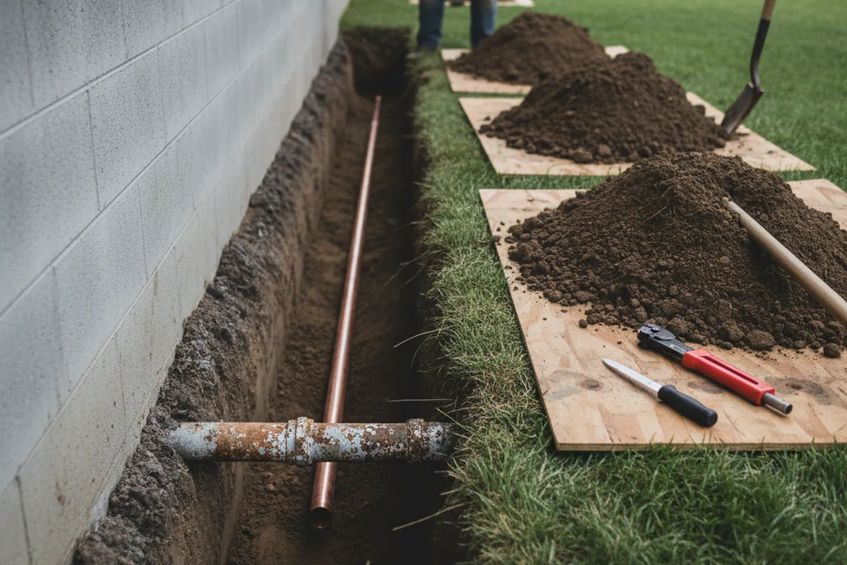 Excavated water line trench during Water Heater Repair in Summit
